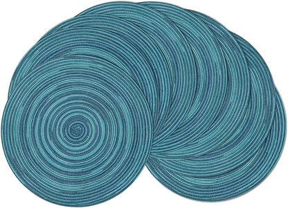 SHACOS 15 inch Round Placemats Set of 8 Variegated Multicolor Place Mats Cotton Polyester Braided Non Slip Washable Heat Resistant Table Mats for Home Wedding Dinner Party Table Decor, Rainbow Teal