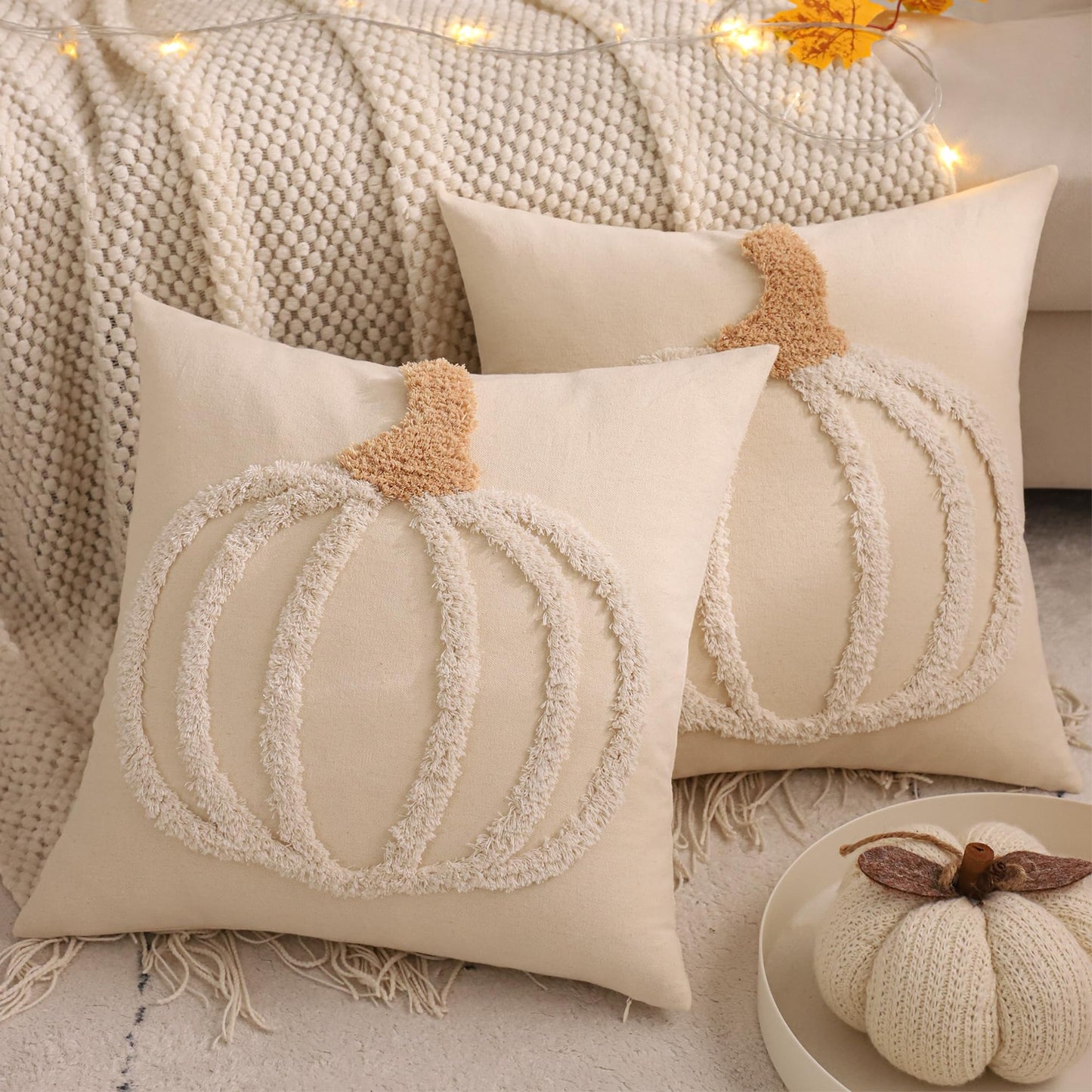 LUOYEHK Halloween Pillow Covers 18x18 Set of 2 White Pumpkin Embroidered Throw Pillow Covers Farmhouse Thanksgiving Home Decor Cushion Covers for Couch Sofa Bed