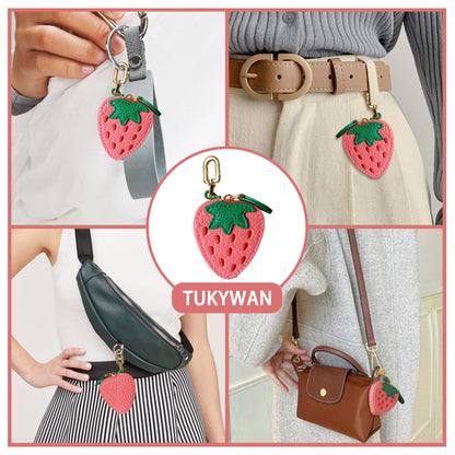 TUKYWAN Strawberry Coin Purse,Leather Bag Charm for Handbags,Fruit Purse Charm,Cute Keychain Accessories with Zipper,Mini Coin Pouch Gifts for Women