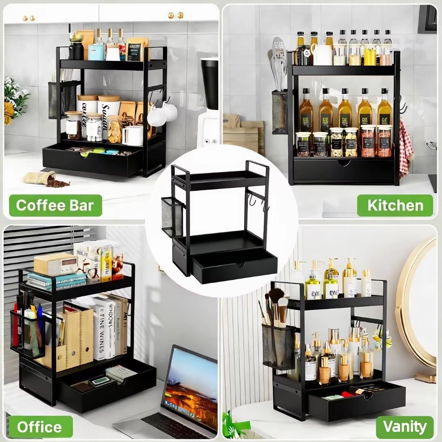 2-Tier Bathroom Counter Organizer with Drawer Basket and Hooks, Wood Bathroom Organizers and Storage for countertop, Farmhouse Black Countertop Organizer, Counter Shelf for Vanity, Kitchen, Office