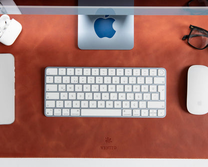 VENITO Leather 3-in-1 Desk Mat Set – Desk Mat (32"x16"), Organizer Tray & Cup Coaster – Full-Grain Leather Desk Pad for Office & Home – Elegant Workspace Accessories for Men & Women, Cinnamon