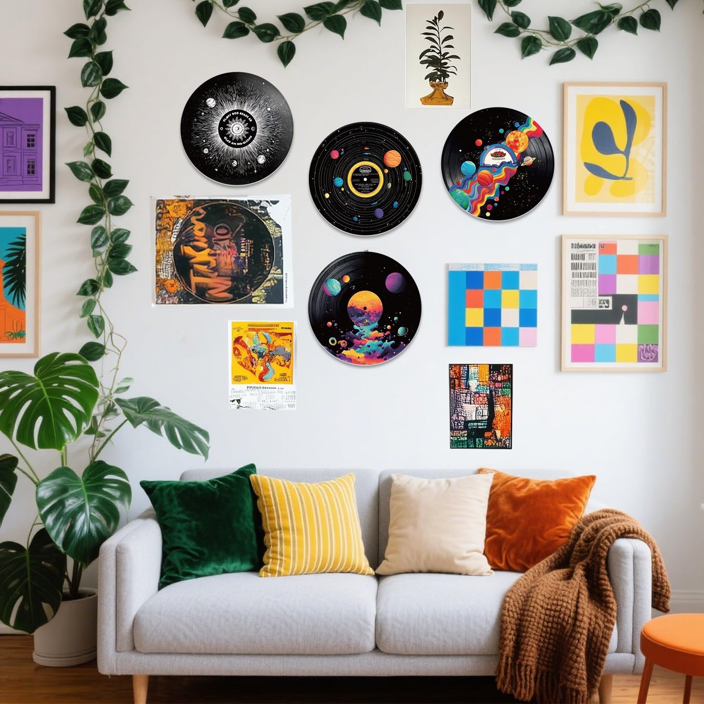 DOODLREAM 4PCS Universe Planet Vinyl Record Wall Decor 12" Hippy Universe Wall Art Posters for Room Aesthetic, Solar System Retro Record Decor for Music Party Studio Living Room DIY Craft Project
