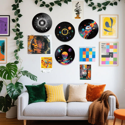 DOODLREAM 4PCS Universe Planet Vinyl Record Wall Decor 12" Hippy Universe Wall Art Posters for Room Aesthetic, Solar System Retro Record Decor for Music Party Studio Living Room DIY Craft Project