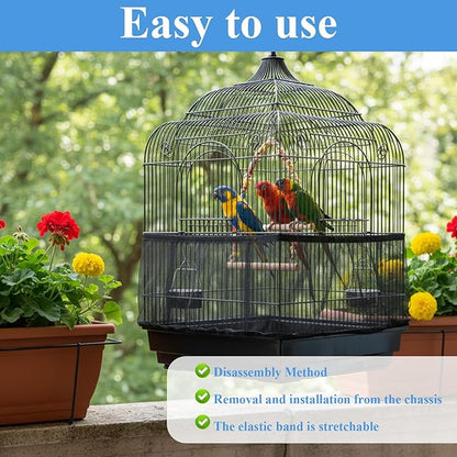 2 Pcs Bird Cage Seed Catcher, Elasticity Bird Cage Cover Seed Catcher Guard Birdscage Net Skirt Netting for Parrot Parakeet, Black