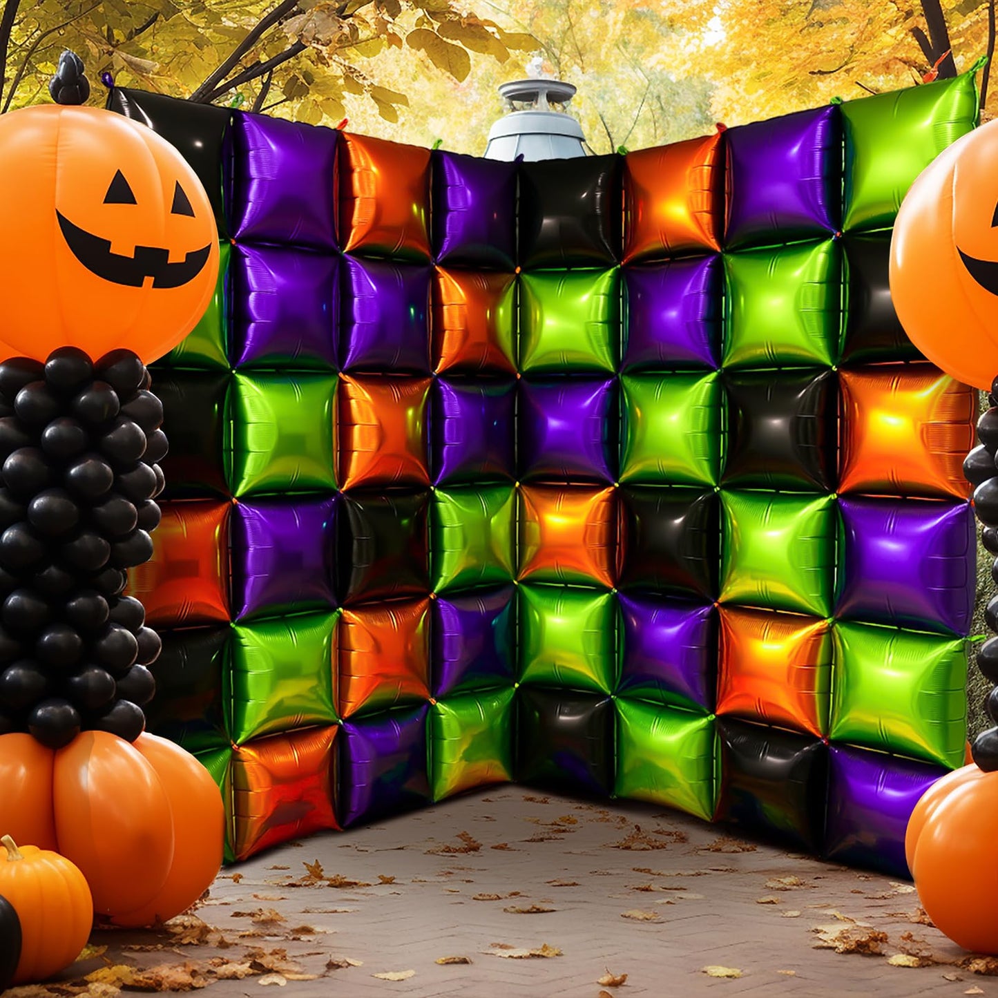 Charnoel 50 Pcs Halloween Balloon Garland Arch Kit Black Orange Green Purple Double Sided Square Foil Balloons Wall Backdrop 19 Inches Tunnel Kit for Halloween Party Background Classroom Decorations