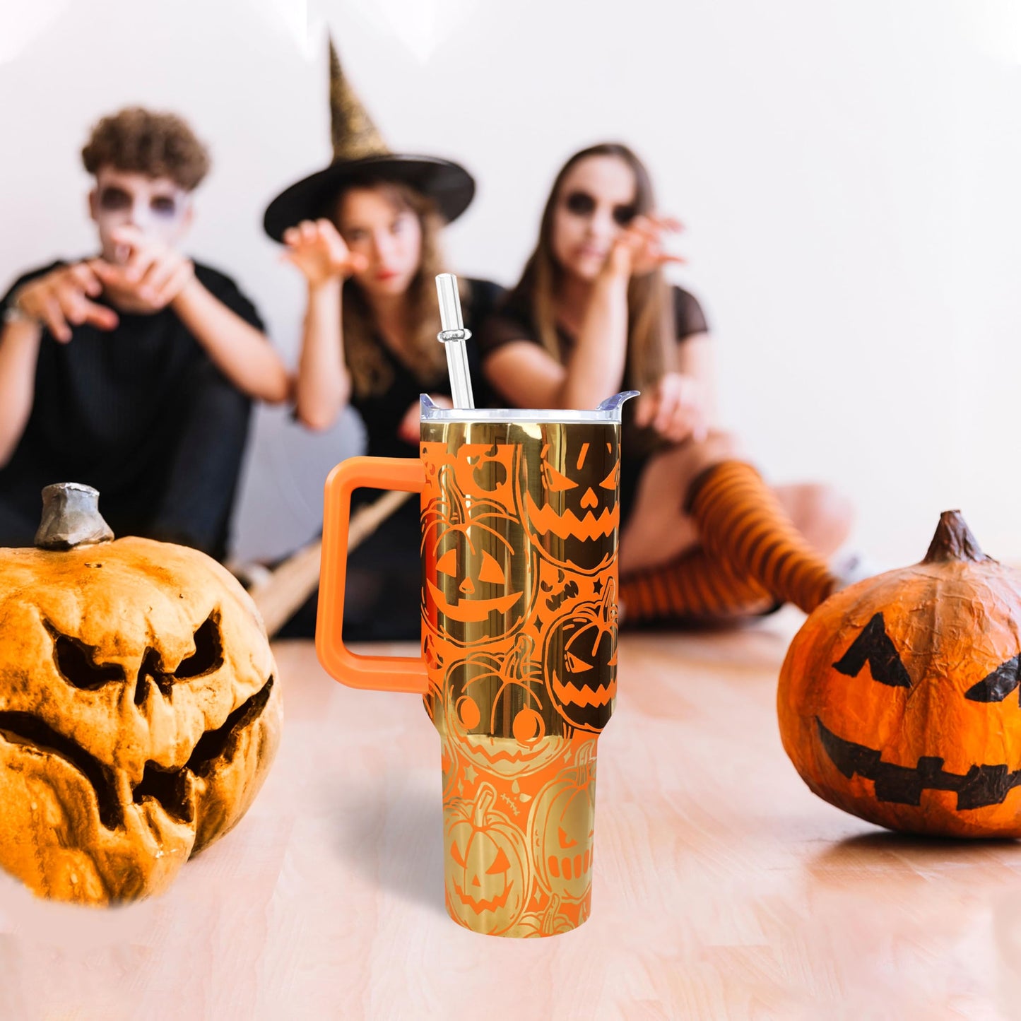 sgqjdpmc 40 oz Halloween Laser Etching Tumbler with Handle Straw Lid Pumpkin Tumbler Gifts for Women Travel Coffee Cup