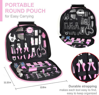 TOPLINE 208-Piece Pink Tool Kits for Women with Round Pouch, Small Tools Kit for Apartment, Home, Household Ladies Pink Tool Set for Best Gifts and Home Maintenance