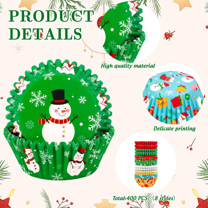 Whaline 400Pcs Christmas Cupcake Liners Xmas Snowflake Snowman Santa Foil Paper Baking Cups Standard Muffin Cupcake Wrappers for Winter Holiday Party Cake Candy Chocolate Making Supplies Table Decor
