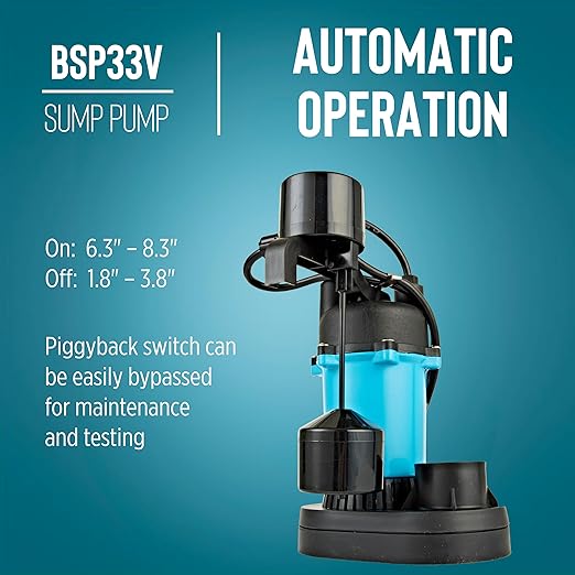 Little Giant BSP33V 1/3 HP, 115 Volt, 2880 GPH Automatic Submersible Epoxy Coated Cast Aluminum Sump Pump with Piggy-back Vertical Switch and 8-Ft. Cord, Blue, 506251