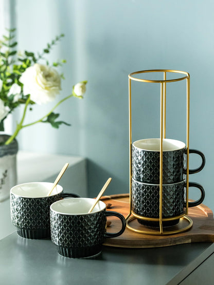 LYEOBOH Stackable Coffee Mugs Set of 4 with Rack & Spoons Coffee Mug Set 13 OZ., Ceramic Embossed Grinding Demitasse Cups Set Cappuccino Cup Halloween for Coffee, Latte, Macchiato, Espresso, Black