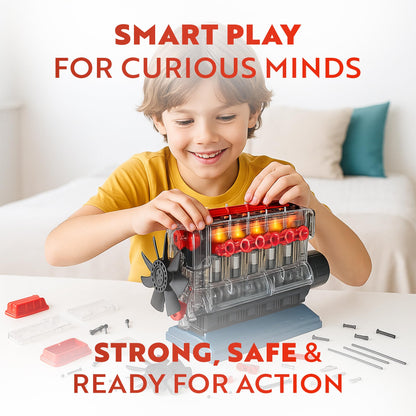 Playz Inline 6 Engine Model Kit - Build Your Own STEM Inline 6 Small Engine that Runs Kit for Adults & Kids Age 10-12+, Visible Inline 6 Mini Engine Kit that Works for Adult w/ 230 STEM Parts