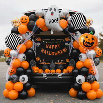 Summerween balloons arch kit Orange Black Silver ghosts print balloons and Pumpkin Monster mylar balloons forkid friendly halloween Birthday Spooky Theme Festival rick or Treat game Decorations