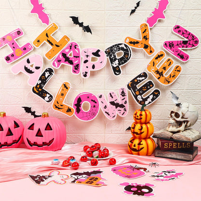 Halloween Spooky Girls Night Decorations Hot Pink Happy Halloween Banner with Hanging Swirls Cute Spider Web Pumpkin Bats Ghost Hanging Swirls Pink Party Decorations for Birthday Bachelorette Party