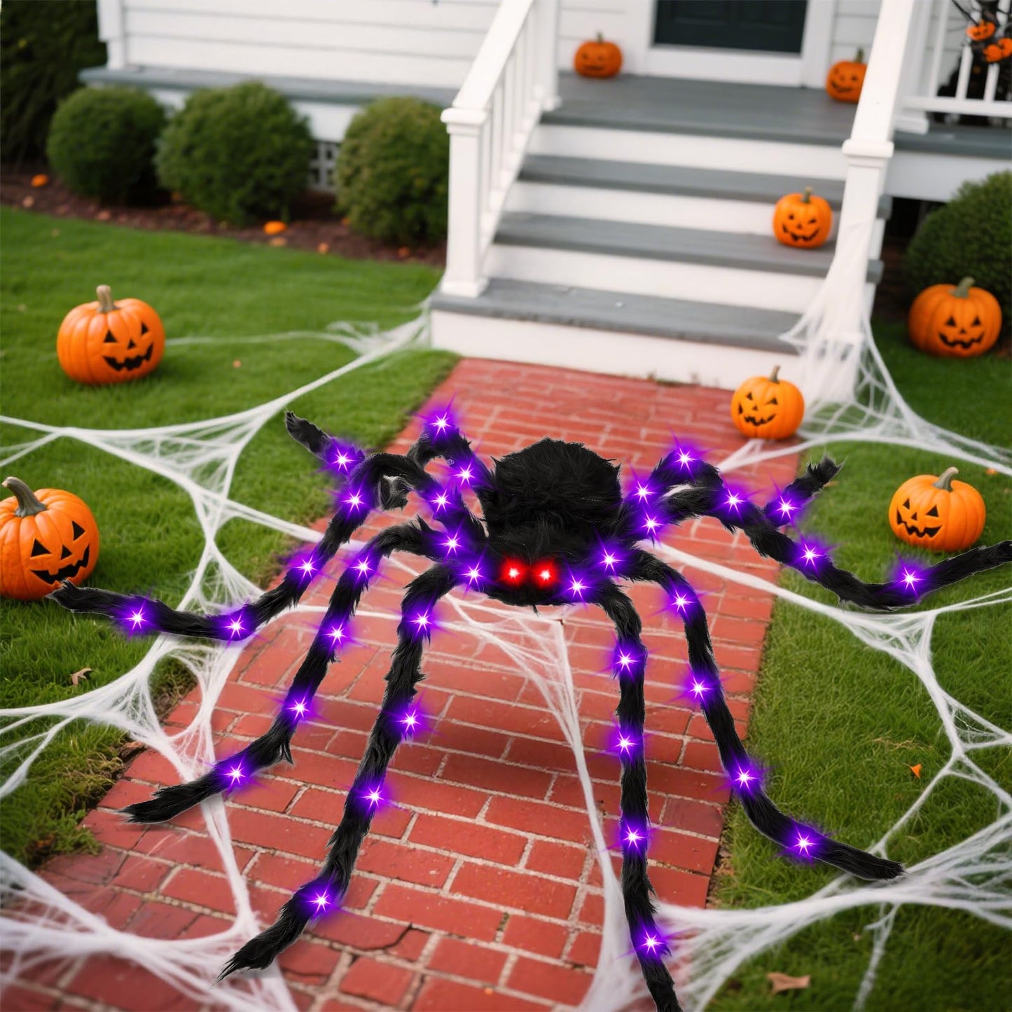 6.6 FT Giant Spider Halloween Decorations Light Up Scary Spider with Red LED Eyes Purple Lights for Yard Lawn Garden Porch Halloween Party Haunted House Indoor Outdoor Decor