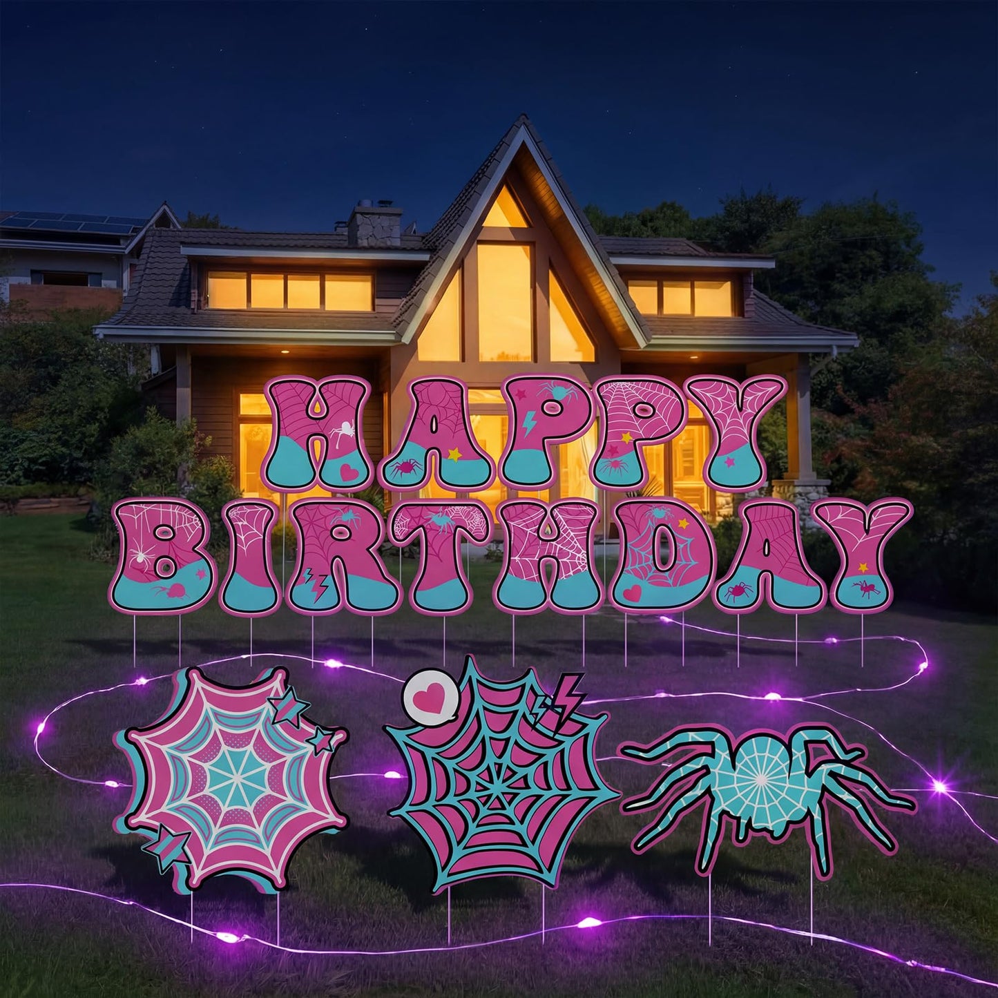 BrightRow 16 Pcs Spider Birthday Decorations Happy Birthday Yard Signs with Stakes and Lights 13" Weatherproof Yard Sign for Halloween Theme Outdoor Lawn Decor