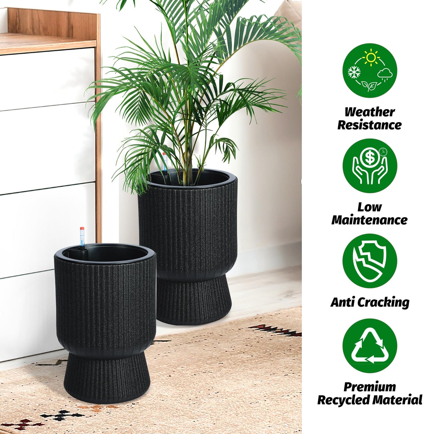 GarveeLife 14.2 in Planters Set of 2, Outdoor＆Indoor Black Planter Pots, Planter Pots with Inner Bucket and Water Level Monitor, for Patio, Porch, Living Room, or Home Office, Classic Black
