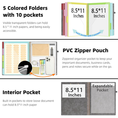 Ospelelf Grey Foldable Clipboard Folio with with Storage Zipper Pouch, Leather Spiral Clipboard Folder with Notepad, 5 Plastic Folders with 10 Pockets, 39 Divider Label Stickers, Pen Loop Series
