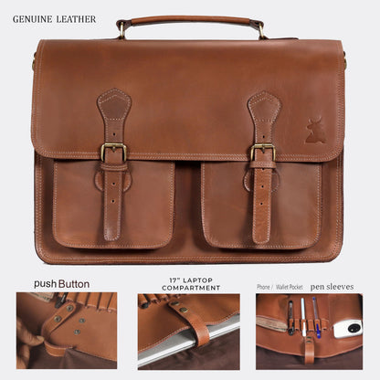 Leather Messenger Bag For Men - leather laptop bag briefcase for women - Mens Satchel Bag, 16 Inch Brown Genuine Buffalo Leather Computer Bag For Work