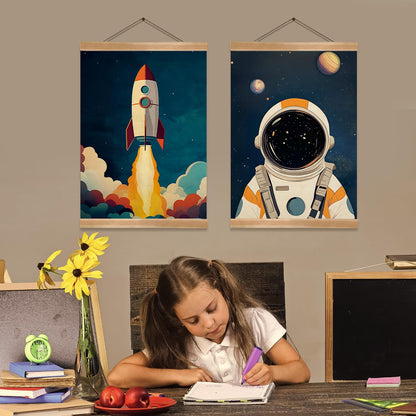 Astronauts and Rockets Poster Wall Art set of 2, Universe Wall Decor Wood Hanger, Spaceship Classroom Decor, Outer Space Planets Poster for Boys and Girls Nursery, Bedroom, Playroom, Toddler Room Decoration (Space travel-02)