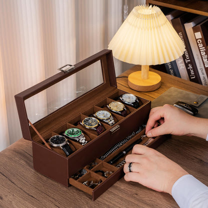 ProCase Watch Box, Fathers Day Gift for Dad, 6 Slot Watches Display Case with Drawer, Mens Watch Case with Glass Lid, 2-Layer Mens Jewelry Organizer Storage Holder -6 Slot, Espresso