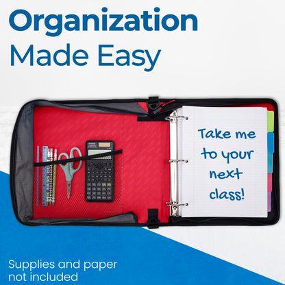 Case-it Classic Zipper Binder | 2-Inch O-Rings, 350 Sheet Capacity, Multiple Storage Pockets & Shoulder Strap | School & Office Organizer | D-251 Fire Engine Red