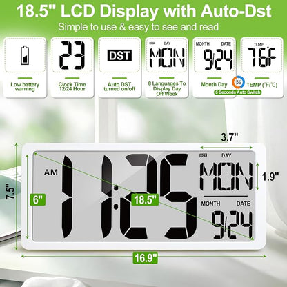 18.5" Extra Large Digital Wall Clock Battery Operated Wall Clock with Time/Calendar/Temperature Jumbo LCD Display Count Up Down Timer Alarm Clocks for Home Office Bedroom (Batteries Included)