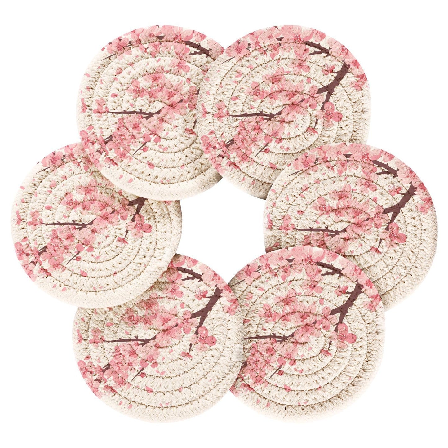 FENOCHE Pink Cherry Blossom Coasters Set of 6 Absorbent Drink Coaster with Holder for Cup Coffee Table Home Decor 3.94 Inch