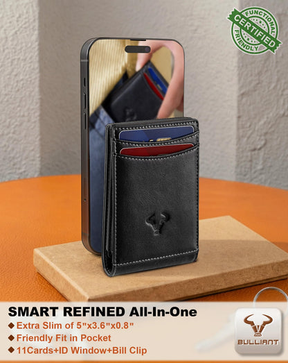 BULLIANT Men Wallet,Magnetic Slim Wallet 10 cards Build-in Bill Folder ID Windows RFID Blocking