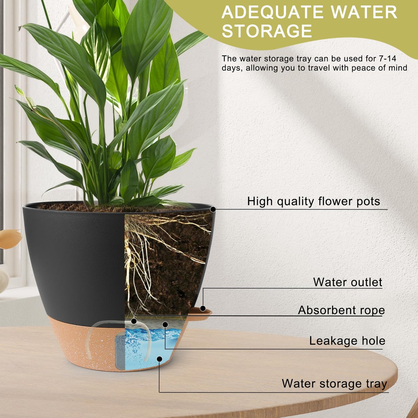 WEICHENGXING Plant Pots,12/10/9/8/ Inch Large Plastic Self Watering Flower Pots Indoor Outdoor with Drainage Holes, Deep Reservoir,Nursery Planting Pot for Indoor Out Door Plants Black