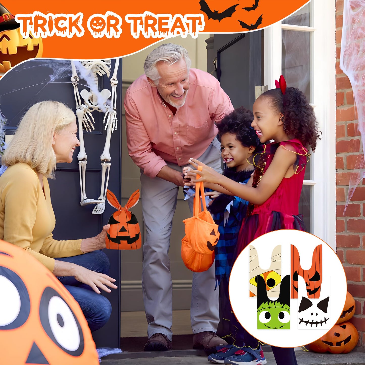 100 Pcs Halloween Treat Bags Rabbit Ear Candy Bags Trick or Treat Small Plastic Goodie Bag Halloween Party Favor Bags for Kids Party Favor Supplies, 4 Designs