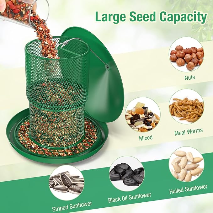 Bird Feeder for Outdoor Hanging, No Mess No Spill Birdfeeder for Outdoor, Squirrel Proof Bird Feeder w/Catch Tray - Large Capacity All-Metal for Outside Hanging to Attracting Birds, Green
