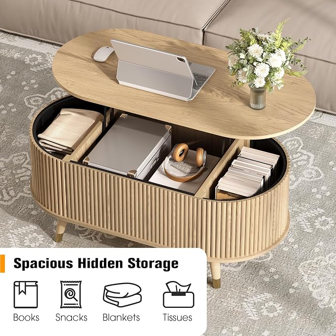 Oval Lift Top Coffee Table with Storage, 42.5” Fluted Coffee Table with Lifting Top & Solid Wood Legs, Mid Century Modern Center Table for Living Room, Home Office, Oak