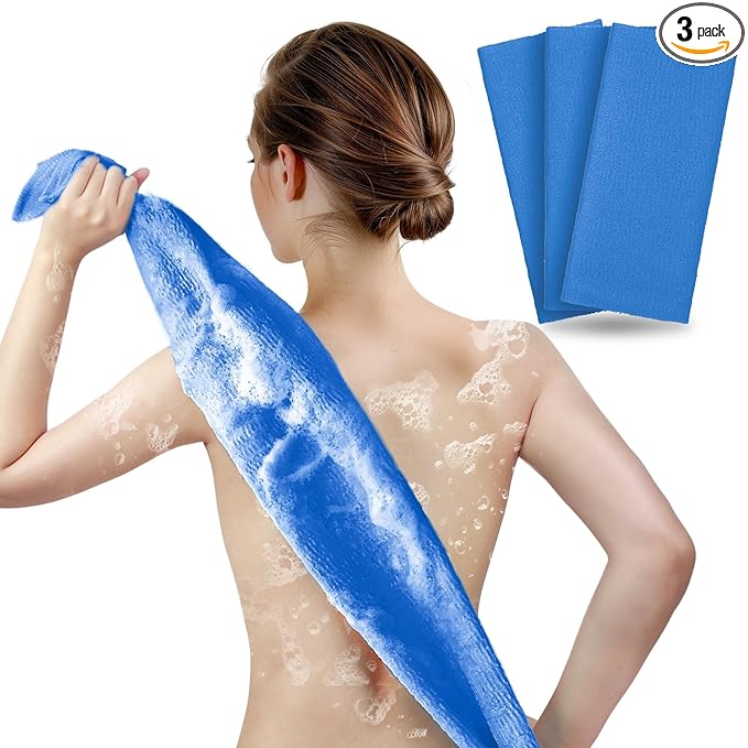 ARCH&M Japanese-Style Exfoliating Shower Towel, Navy-Blue, 3 Pack | 35-Inch Exfoliating Washcloth Back Scrubber, Textured Poly Nylon, For Back Acne, KP & Ingrown Hairs, Quick-Dry