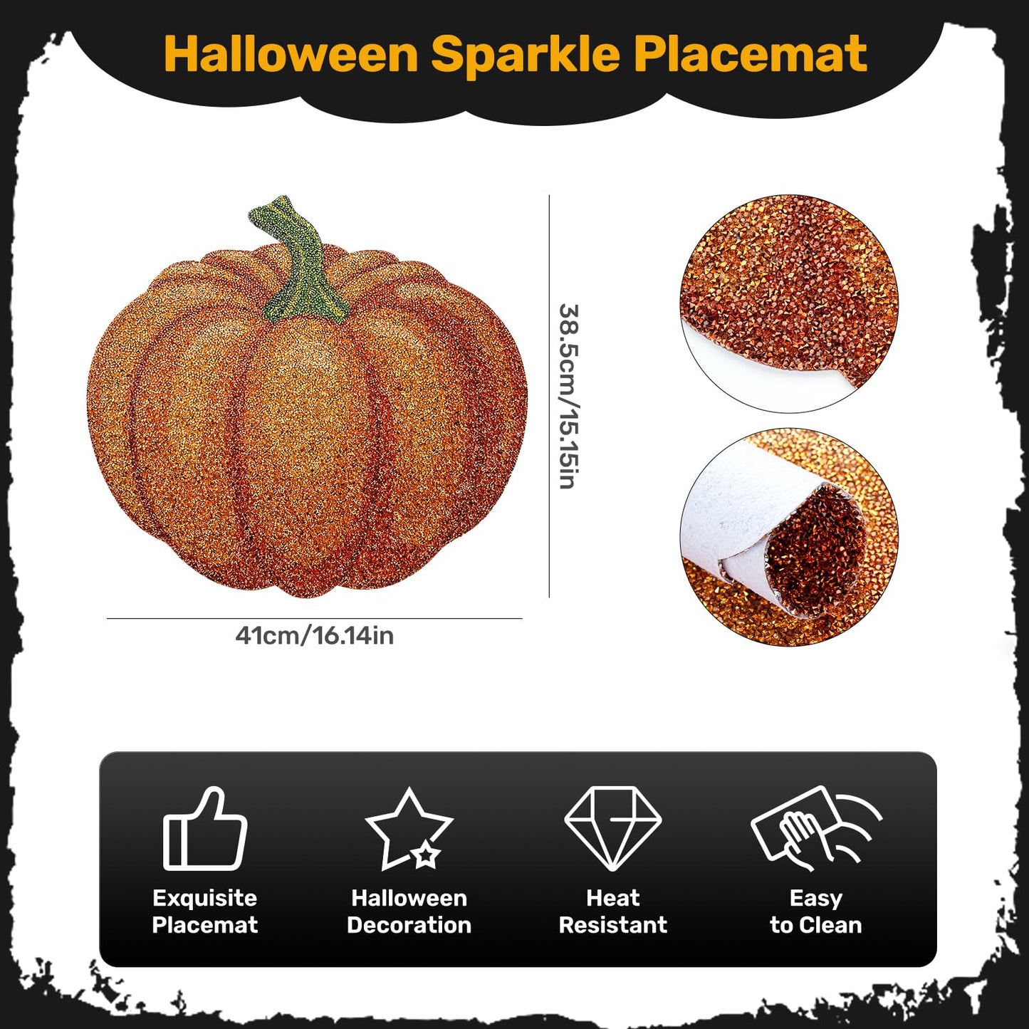 Cumouna Thanksgiving Pumpkin Placemat, Halloween Table Mats Orange Thanksgiving Fall Sparkle Pumpkin Decoration Placemat for Centerpiece Kitchen Table Party Tableware Decor