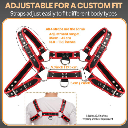 Mens PU Leather Chest Harness Top, Male Adjustable Shoulder Harness Strap Punk Fashion Styling Fantasy Costume for Music Festival Halloween Party Cosplay (Red)