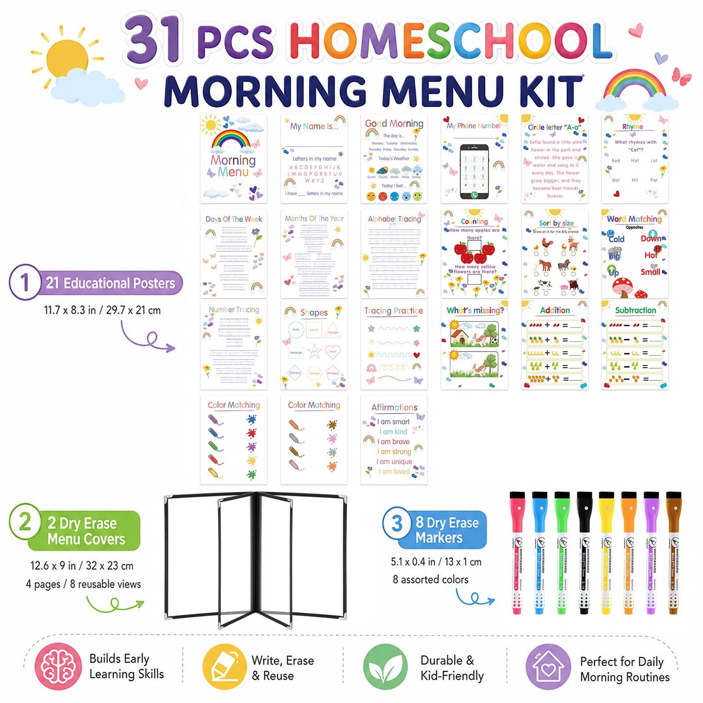 Hushee 31 Pcs Homeschool Morning Menu Kit for Toddler Preschool Kindergarten Prek Classroom Essentials Interactive Toddler Learning Binder, 21 Educational Posters 2 Dry Erase Menu Covers & 8 Markers