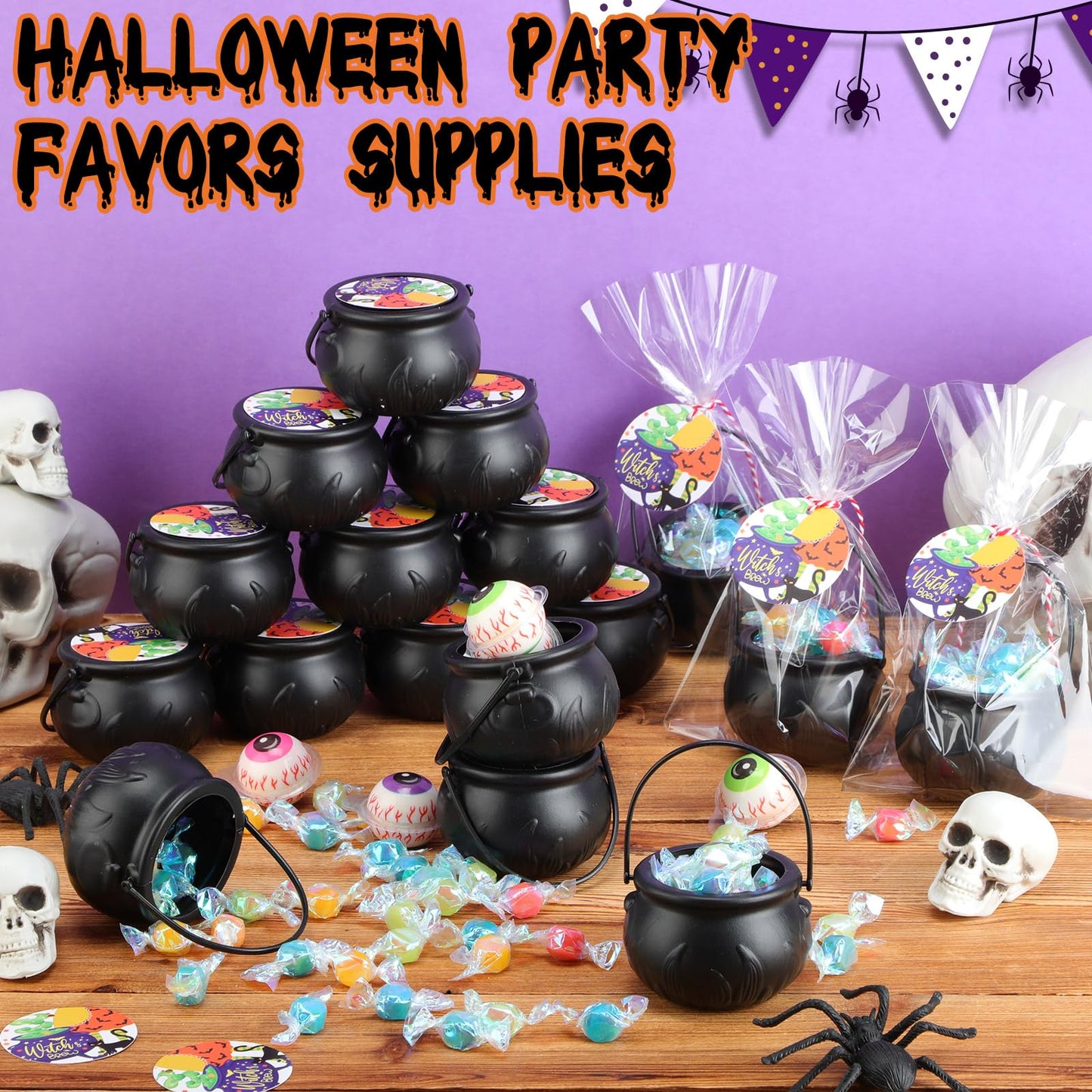 Roowest 24 Sets Halloween Party Favors, Halloween Mini Cauldrons Card Opp Bags Goodie Bag Fillers Gifts Party Supplies Non Candy Trick or Treat for Rewards