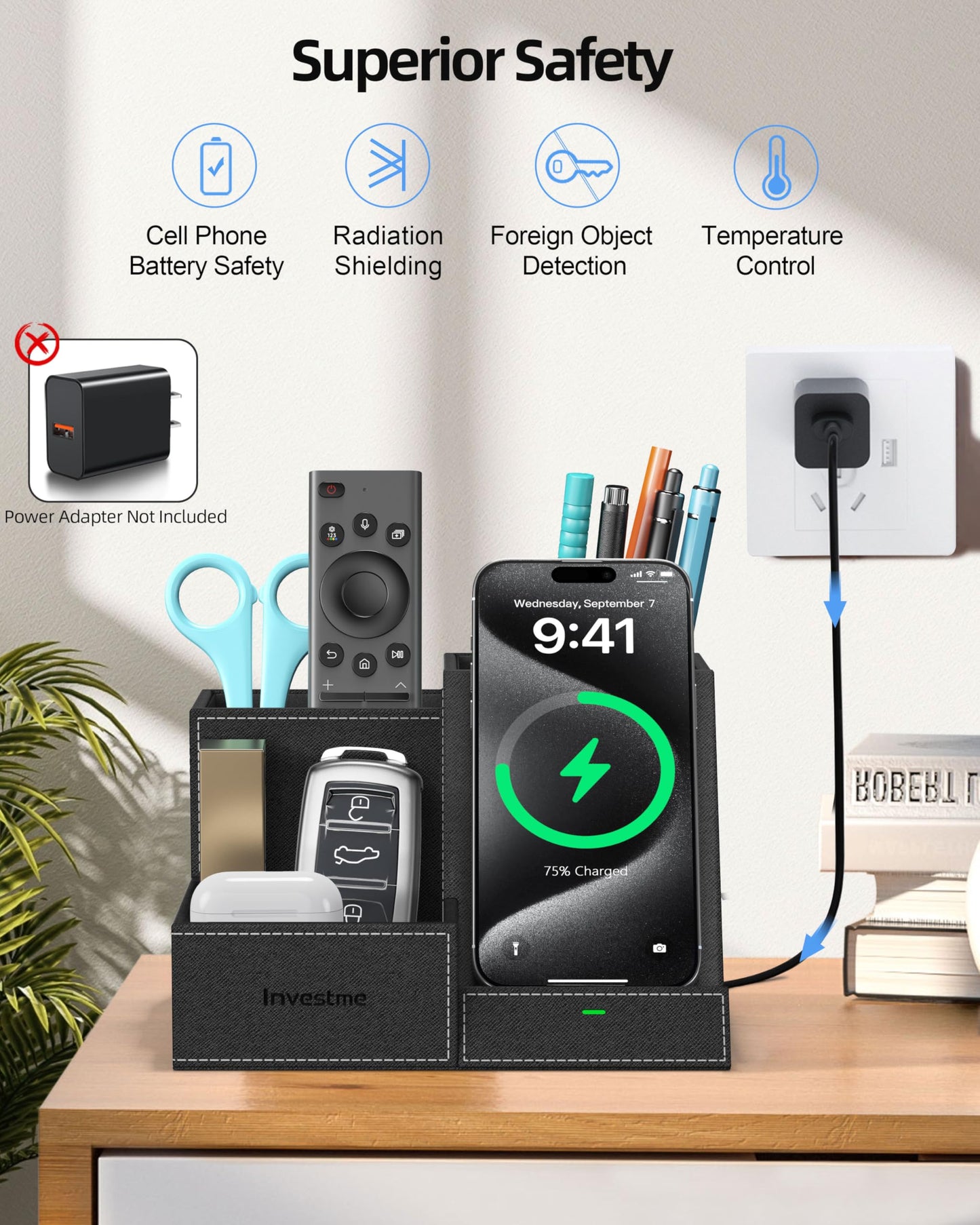 Investme Wireless Charger with Desk Organizer, Pen Pencil Holder, Multifunctional Desktop Organizer, Office Supplies and Desk Accessories Organizer with 3 Compartments and 1 Phone Stand