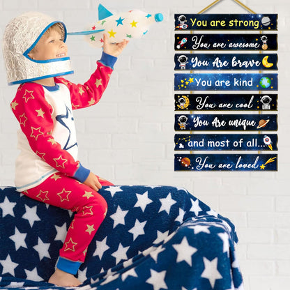 Rutiyoka Outer Space Themed Room Decor for Boys Bedroom Wall Inspirational Art Kids Wood Decorations Little Boy Nursery Toddler Sign