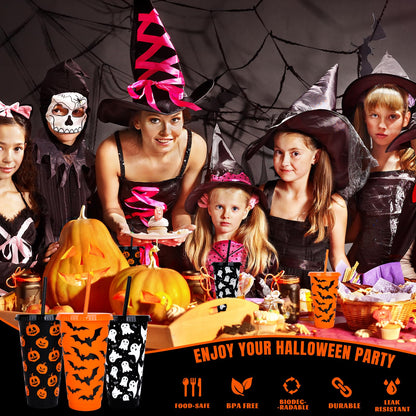 Whaline 12 Pcs Halloween Plastic Tumbler with Lids Straws Pumpkin Ghost Bats Reusable Cups 24oz Black Orange Travel Mug Cups for Iced Coffee Drinks Holiday Horror Party Supplies