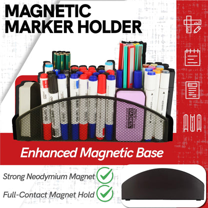 BEILITEMAG Magnetic Dry Erase Marker Holder for Whiteboard, 5 Slots Metal Pen Holder with Strong Magnets, 10inch Large Capacity Storage Basket Organizer for Office, School and Home (Black)