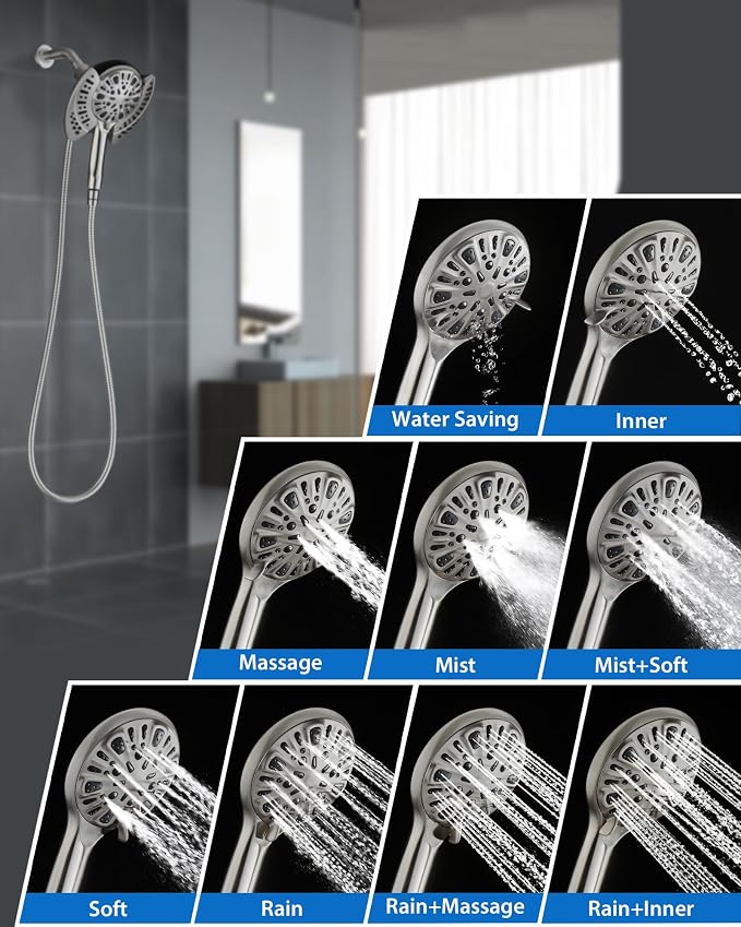 INAVAMZ Shower Head with Handheld High Pressure: Hand Held Shower Head & Rain Shower Head 2-IN-1 Shower Head with 59" Rotatable Stainless Steel Hose, Shower Trim Systems, Nickel 2.5 GPM 23233