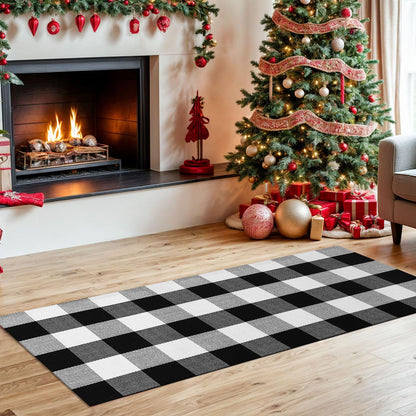 KOZYFLY Buffalo Plaid Area Rugs 2x4.3 Ft Black and White Checkered Rug Washable Front Door Mat Hand Woven Cotton Outdoor Rug Small Rug for Front Porch Kitchen Entryway Patio Bathroom
