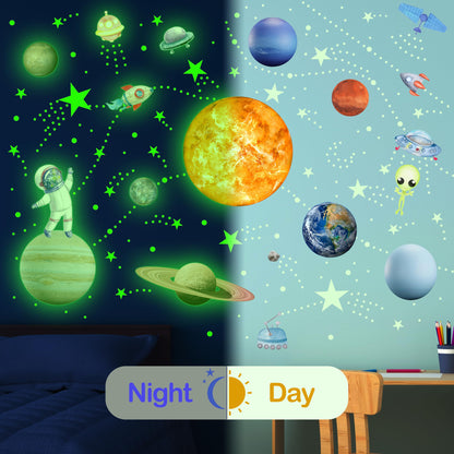 Glow in The Dark Stars Solar System Wall Decals, Star and Planets Stickers for Ceiling, Wall Sticker Decor for Kids Boys Room (Green)