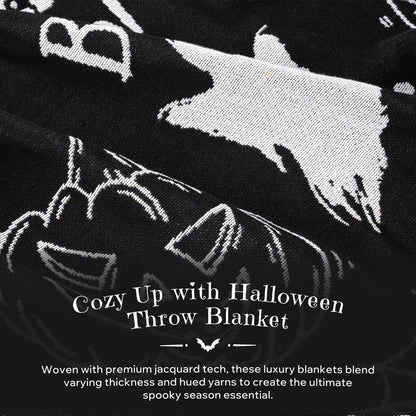 Phantoscope Happy Halloween Blanket, Soft Jacquard Knitted Throw Blanket with Tassel, Warm Cozy Blanket with Skeleton Bat Ghost for Couch Living Room Bedroom, Black, 50 x 60 inches
