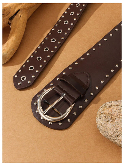Verdusa Women's Studded Belts Y2k Belt Punk PU Leather Vintage Rave Western Cowgirl Belts Coffee One Size