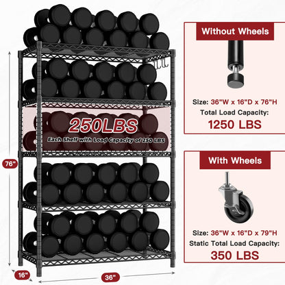 PrimeZone 36" W x 16" D x 79" H Wire Storage Shelves with Wheels, 5 Tier NSF Certified Heavy Duty Adjustable Kitchen Shelving Unit, Pantry Organizer Rack Rolling Metal Shelf for Garage Closet Bathroom