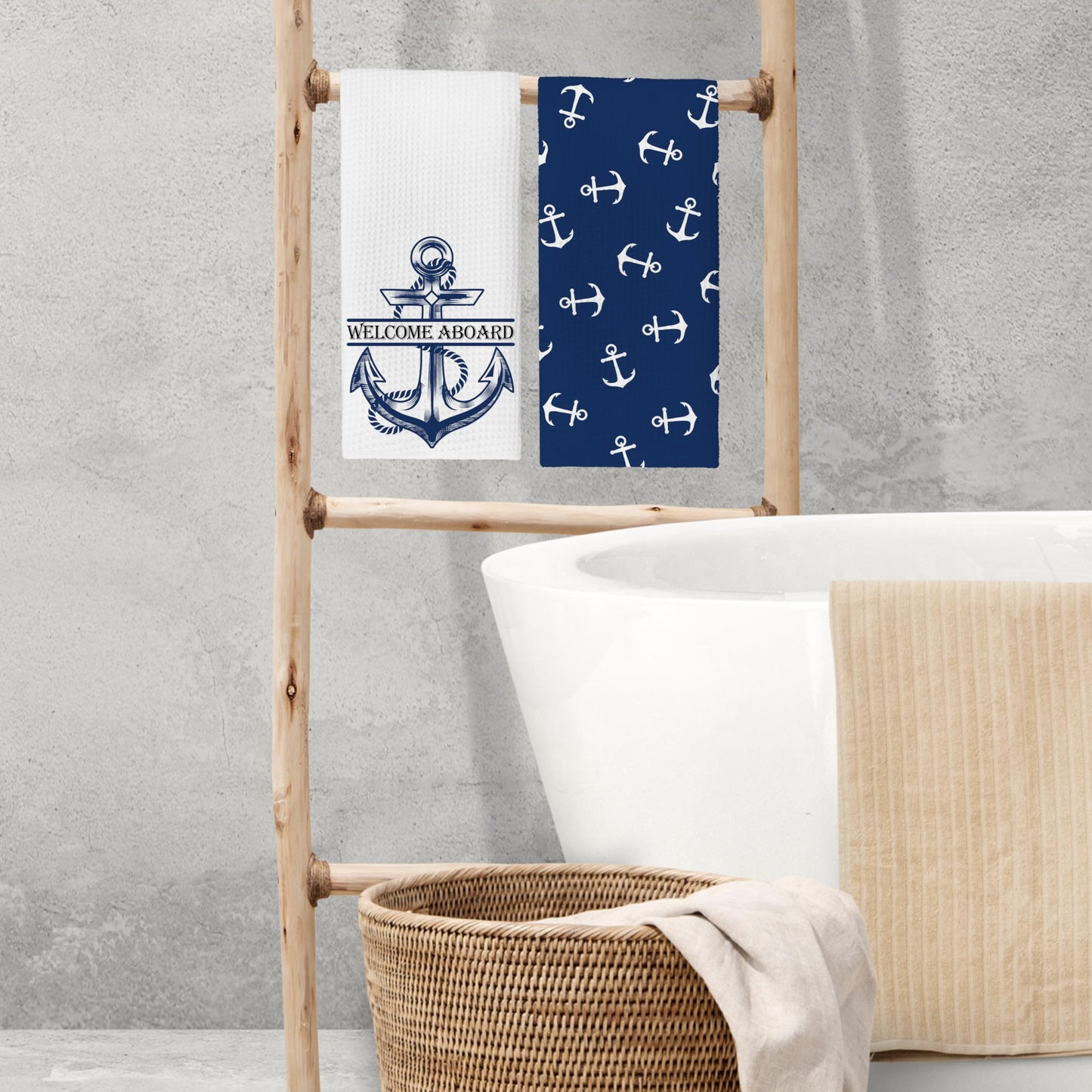 KGHYT Ocean Boat Kitchen Towels,Welcome Aboard Navy Blue Hand Towels Dish Towels for Boat Home Farmhouse Bathroom,16x24 Inches Set of 2.(042)