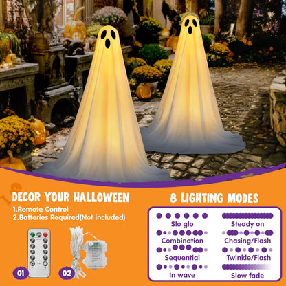 JOYIN 2 Packs 47'' Halloween Decorations Outdoor Standing Ghost, Standing Ghost Halloween Decor with Warm String Lights & Timer for Yard Porch Lawn Garden Party Supplies