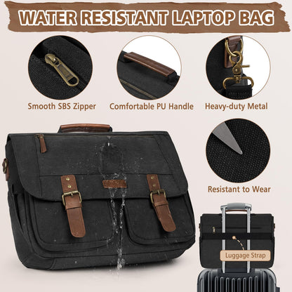 RAINSMORE Messenger Bag for Men 15.6-17.3 Inch Laptop Bag Water-resistant Canvas Briefcase Large Computer Satchel Shoulder Bag for Work College Travel, Black